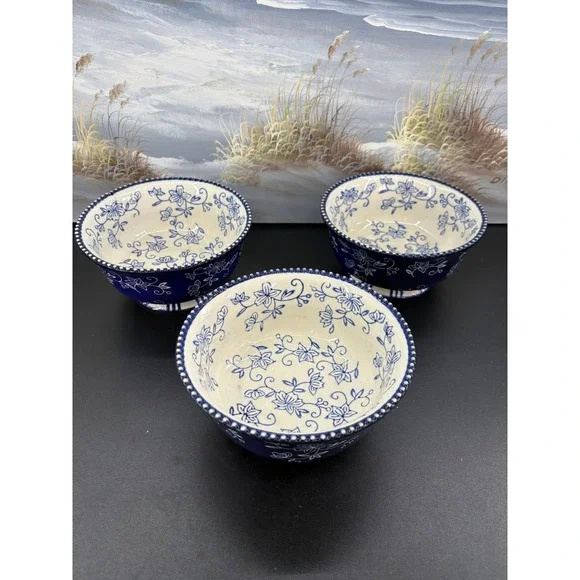 Temp-tations Floral Lace Cobalt Blue White Ceramic Footed Bowls Set of 3 6 inch