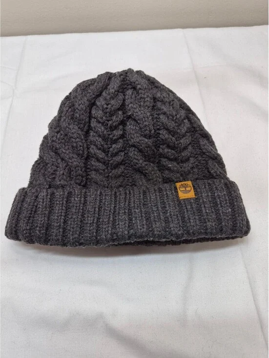 Timberland Gray Cable Knit Beanie Hat with Fleece Lining, One Size B473