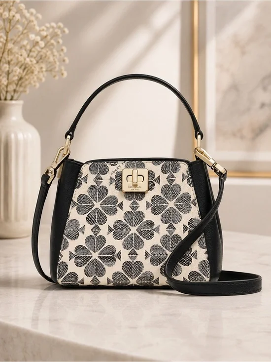 Kate Spade Spade Flower Monogram Mini Crossbody Top Handle Bag Black White