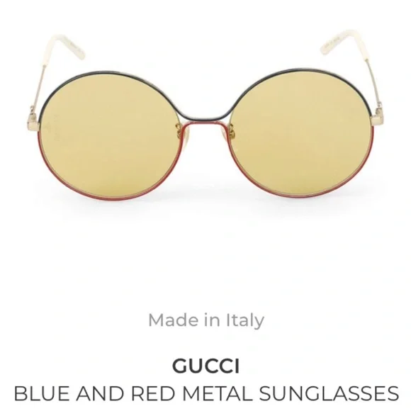 Gucci Round Blue and Red Metal Sunglasses with Yellow Lenses