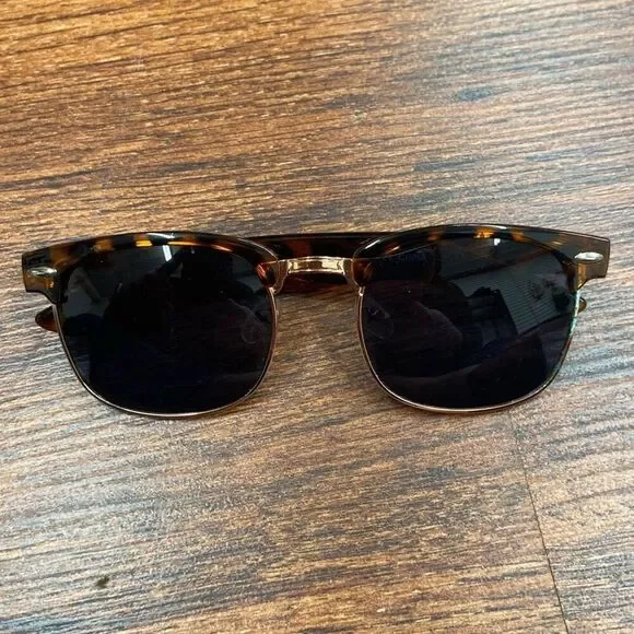 Adult Unisex Brown & Gold Tortoise Retro Half Frame Rimmed Sunglasses One Size