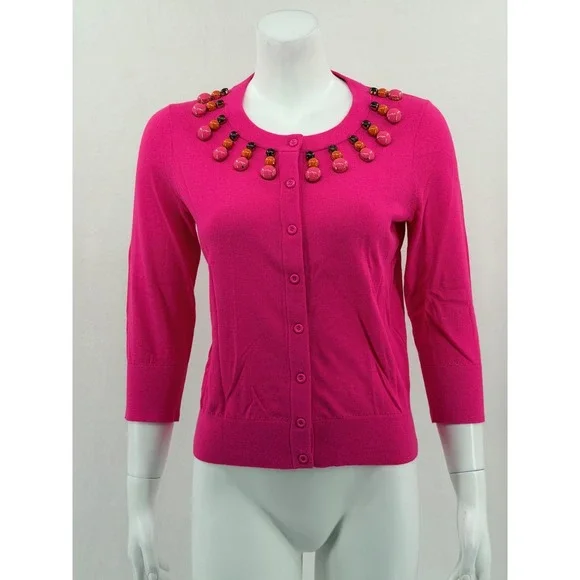 Kate Spade Sweater Women Medium Pink Rio Embellished Cardigan Chunky Bead Preppy