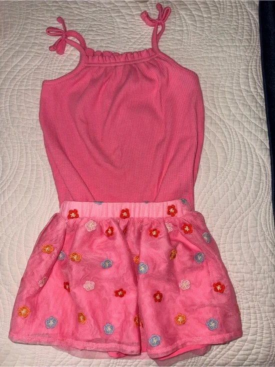 Pink Tank Romper with Embroidered Floral Skirt 12-18 Months