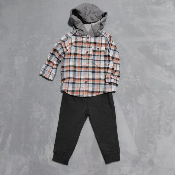 NEW Carter's 12M Two Piece Jersey Pants & Plaid Button Up with Hood