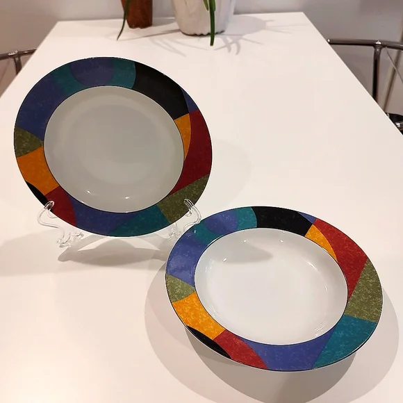 Mikasa Currents Rim Soup Bowls Set of Two Porcelain Red Yellow Blue Blac…