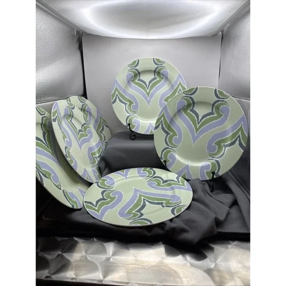 Oneida Porcelain Amber Green Salad Plates Blue,Green & Lav Scrolls set of 6