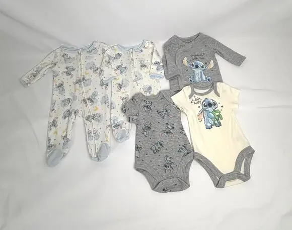 Disney Baby Stitch 6 Pc Newborn Outfit Lot Bodysuits Sleepers 0-3M EUC Disney