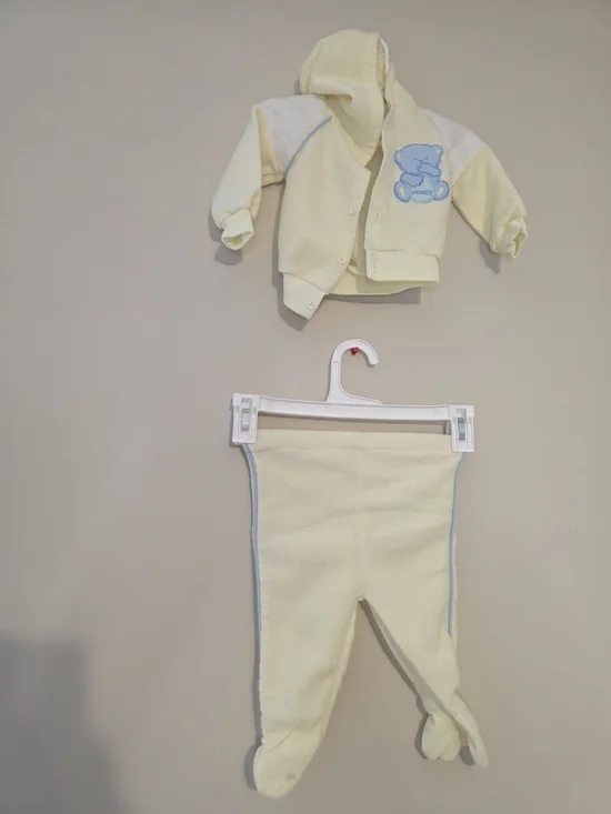 Vintage Soft Cream Baby Hooded Matching Set with Blue Bear