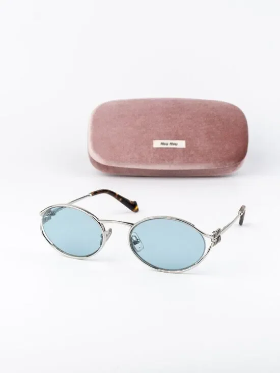 Miu Miu Women Sunglasses LOGO Silver Blue Oval MU52YS 1BC20R NEW AUTHENTIC