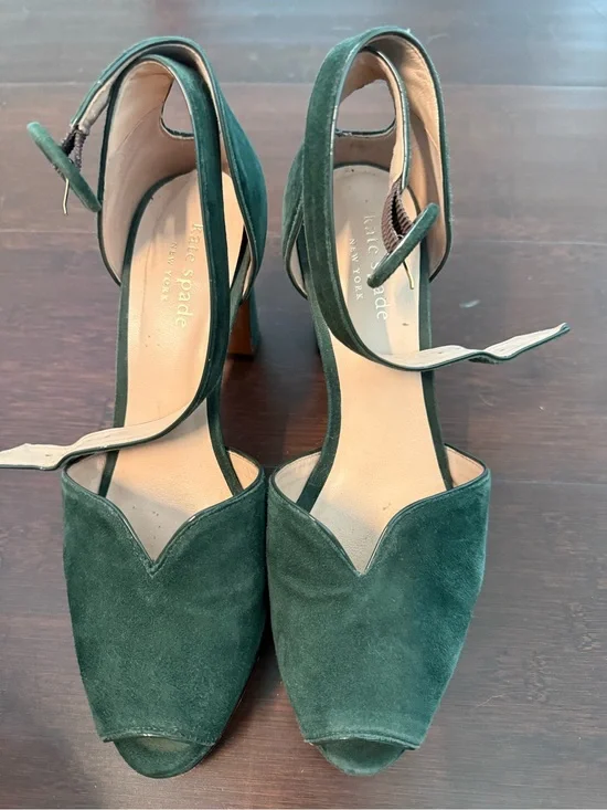 kate spade Dark Green Suede Ankle-Strap Peep-Toe Heels