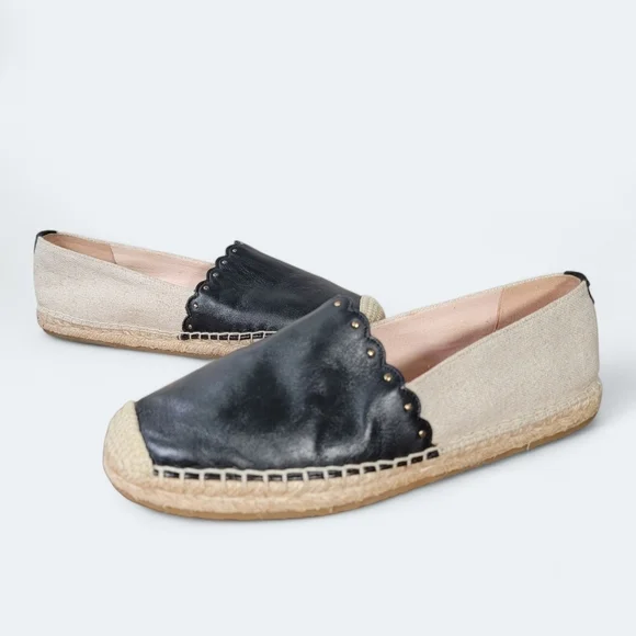 Kate Spade Gardenia Black Leather and Cream Espadrilles Size 8 Scalloped Summer