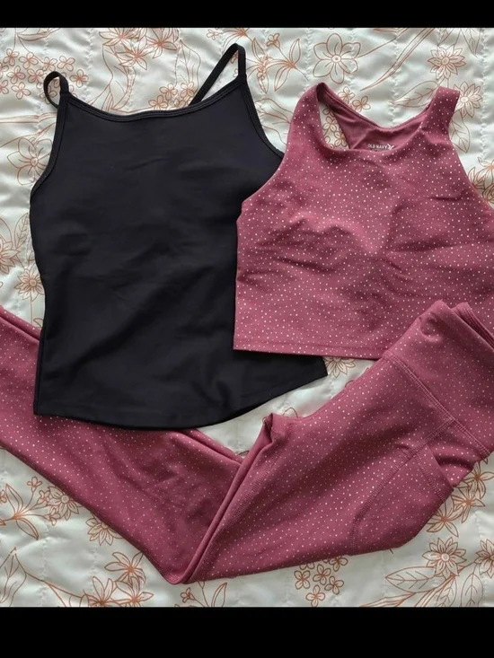 Old Navy Black Tank with Dusty Rose Polka Dot Sports Bra & Leggings Set