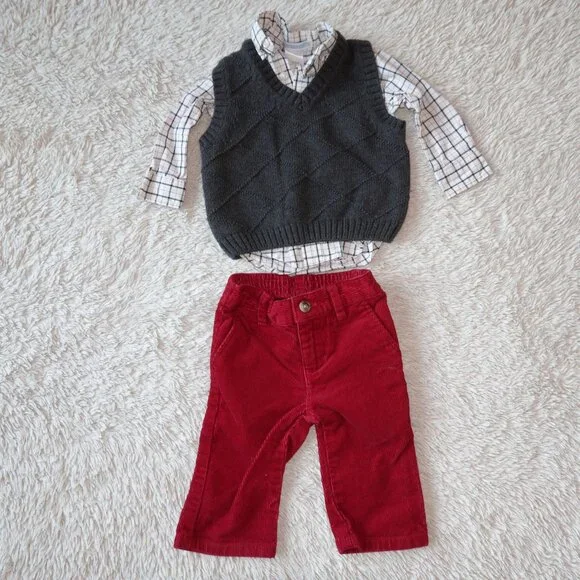 Boys 3-6 Months Janie & Jack 3-Piece Outfit, Red Pants, Gray Sweater Vest, Shirt