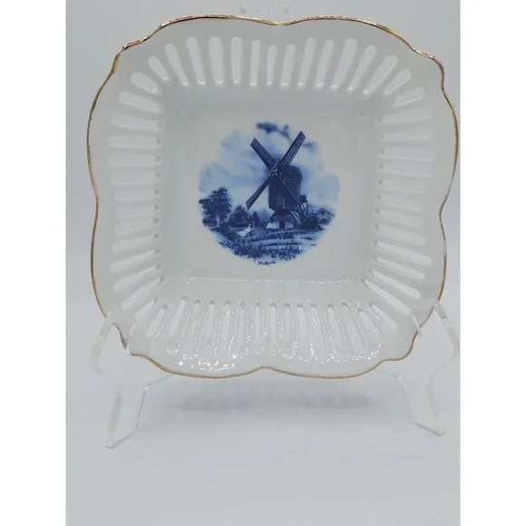 Royal Tri‎ Ever Blue Windmill Porcelain Hand Painted Decorative Basket Bowl