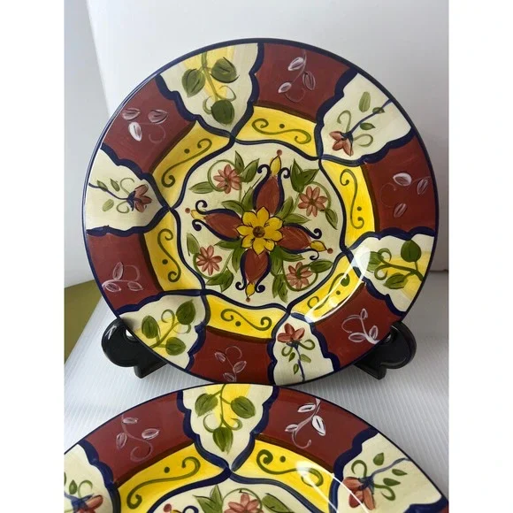 Pier‎ 1 Vallarta Handpainted Earthenware Plates Set of 2 Floral Salad Plates
