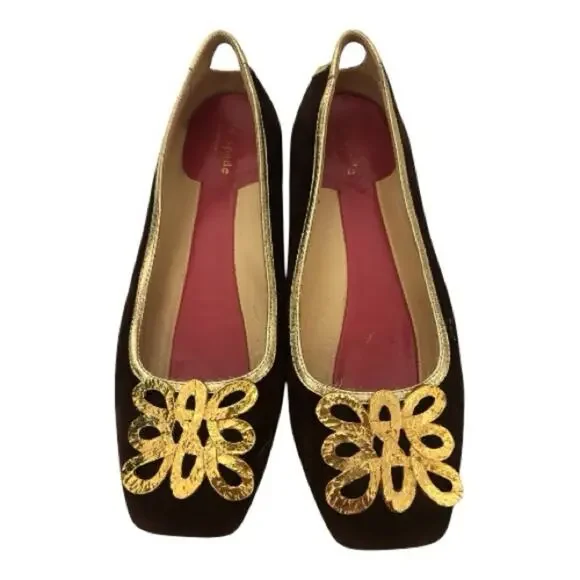 Kate Spade New York Loopy Buckle brown suede gold square toe flats Italy. 7.5