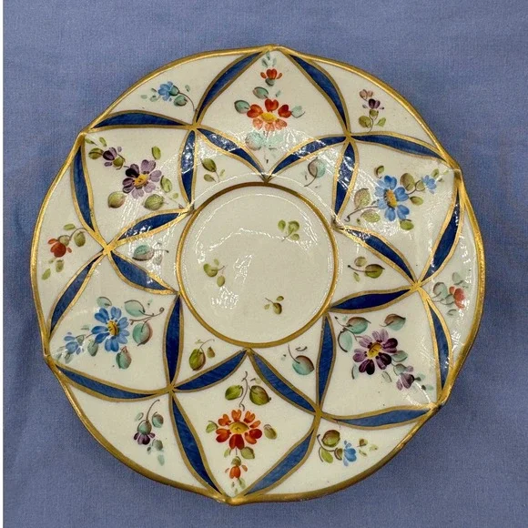 Vintage Sevres Style Saucer Blue Gold Porcelain 1950s Decorato AMano Replacement