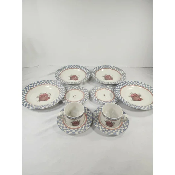 International Tableworks Apple Basket Susan Winget Stoneware Set Blue Checkered