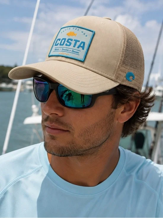 Costa Del Mar Topwater Trucker Hat Tan Mesh Snapback Adjustable Fishing Cap NWOT