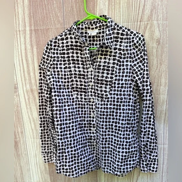 Kate Spade size 4 Coffee Bean print cotton madras Henley blouse novelty office