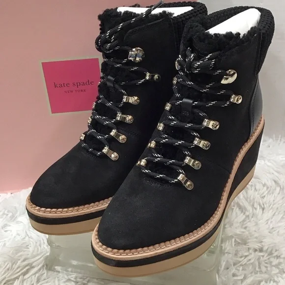 Kate Spade Black suede lamb fur Willow wedge heel Winter Boots with Tan Sole NIB