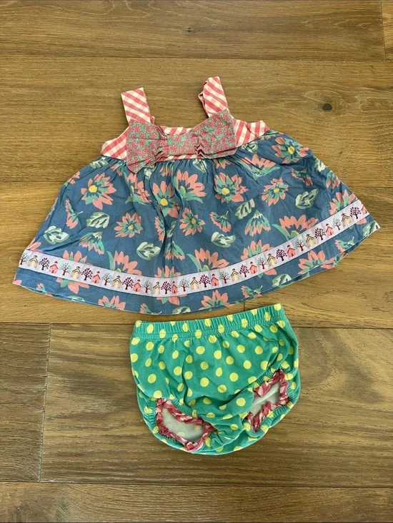 Matilda Jane Blue Floral Dress with Green Polka Dot Bloomers