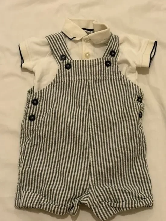 Little Me 2 Pc Toddler Set Stripped Overalls Romper Top Shorts 6 M
