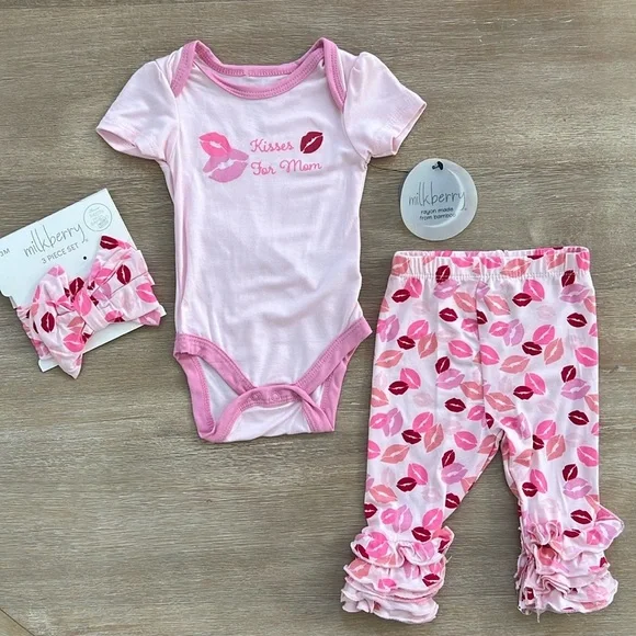 ❤️ Milkberry Baby Girl 3 Piece Set Bodysuit Pants Headband 3-6 months