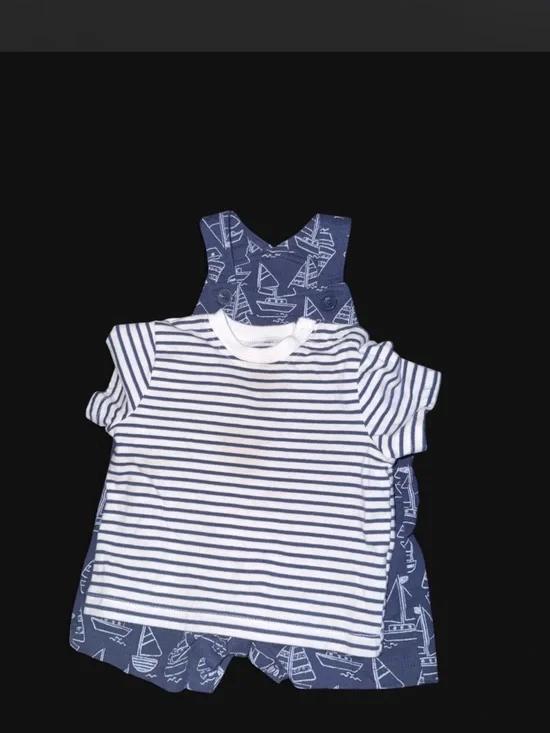 Little Me Navy Sailboat Romper with White & Navy Striped Tee