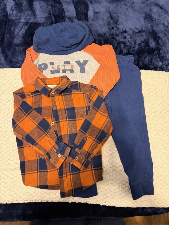 Boys Orange & Navy Plaid Flannel Shirt + Navy Play Hoodie Set