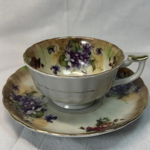 Antique‎ Victorian Tea Cup Saucer Hand Painted Violets Roses Apricot ombré Gilt
