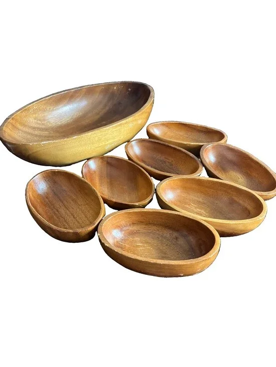 Vintage Genuine Monkey Pod Wood Handcarved Bowls Set Philippines Mid Century 8pc