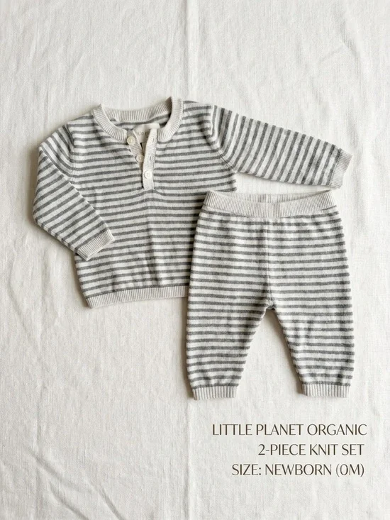 Little Planet Organic Newborn Gray & Cream Striped Knit Pajama Set