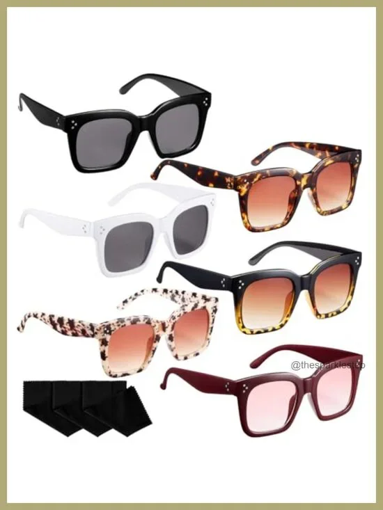 6 Pairs Oversized Sunglasses Retro Square Frame Flat Lens with Glass Cloths