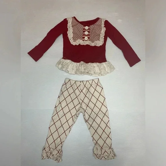 Persnickety Ruffle Red Striped Pant And Red Lou Lou Peplum Top Set SZ 12-24 Mon