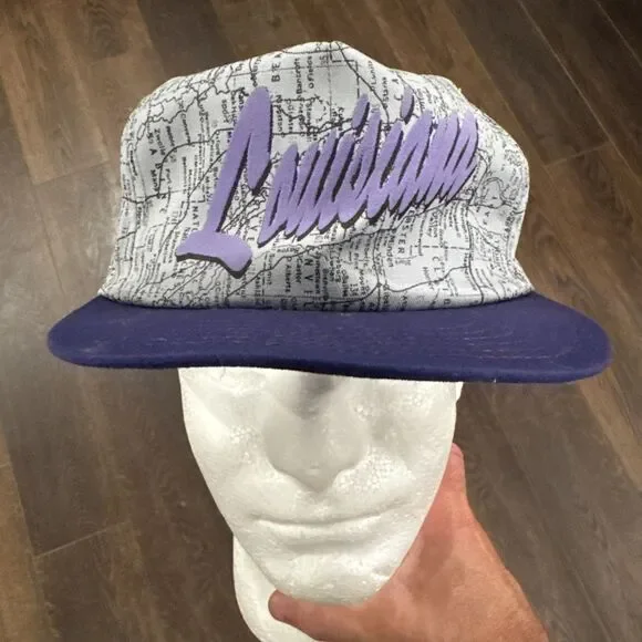 VTG 80s 90s LOUISIANA Road Map All Over Print AOP Snapback Hat Made USA