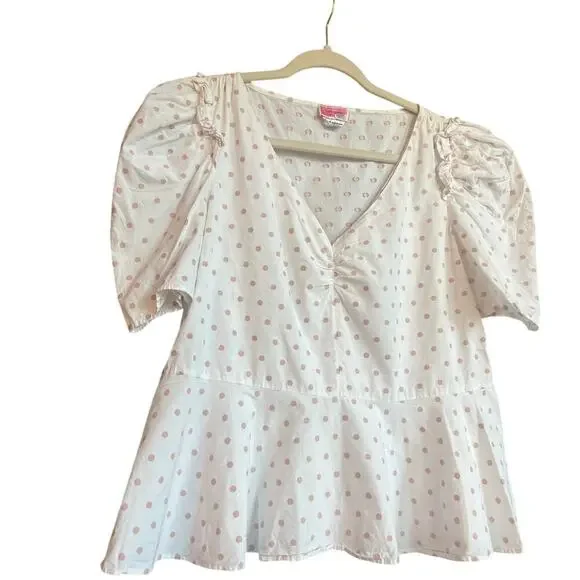 Kate Spade Women's White with Pink Polka Dots Puff Sleeve Peplum‎ Blouse