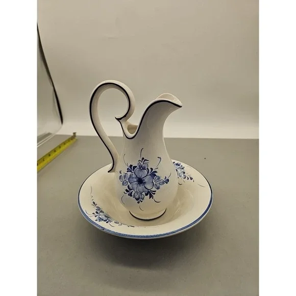 Loucart Portugal‎ Pitcher Bowl Set Blue Floral Vintage MCM