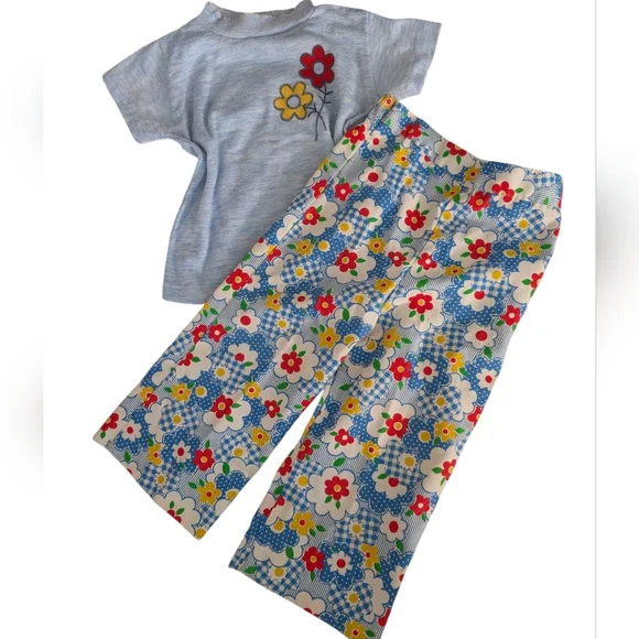 70s Vintage Girls Groovy Daisy Floral Print‎ Flare Pants & Matching Top Set Rare