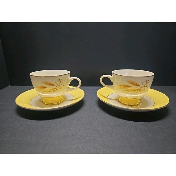 Century Service Autumn Gold Teacup & Saucer Sets of 2 Wheat 22K Gold Vintage MCM