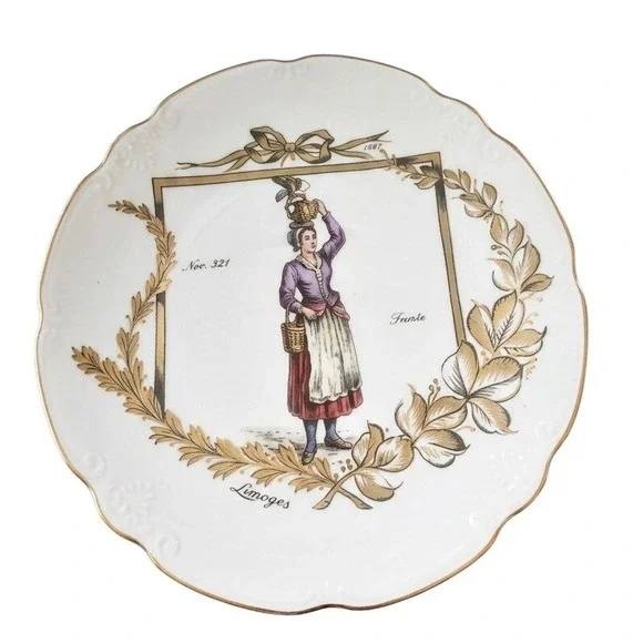 Vintage Limoges France Porcelain Plates Parisian Street Vendors Set of 2 Mint