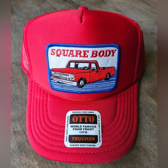NWT Red Square Body Red White and Blue Trucker Hat Classic Mesh Design