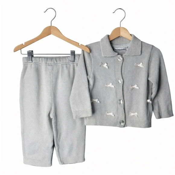 Vintage First Impressions Knit Set 18M Gray Bow Cardigan Pants Baby Outfit