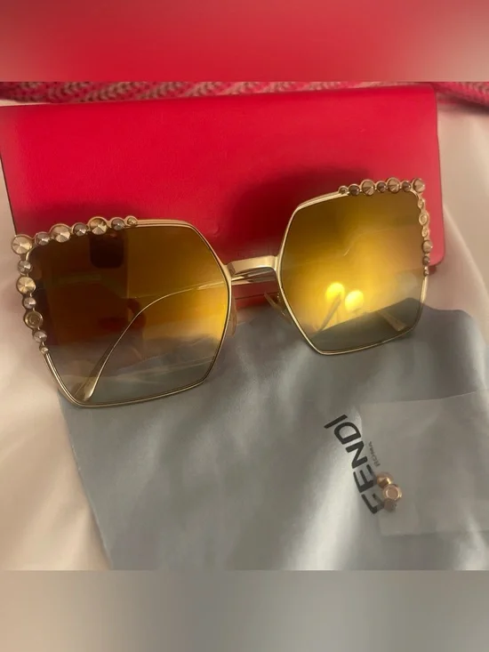 Fendi Gold Frame Sunglasses with Amber Gradient Lenses and Crystal Accents