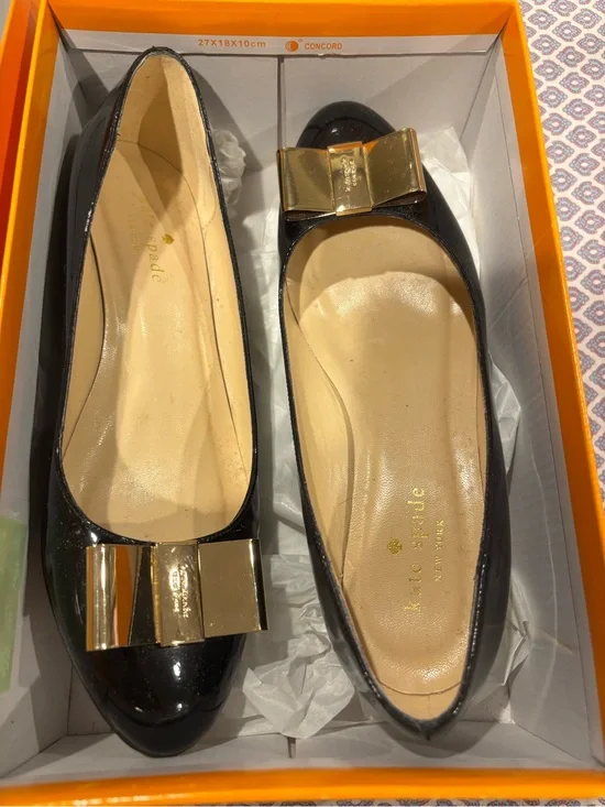 kate spade Black Patent Leather Bow Flats with Gold Accent