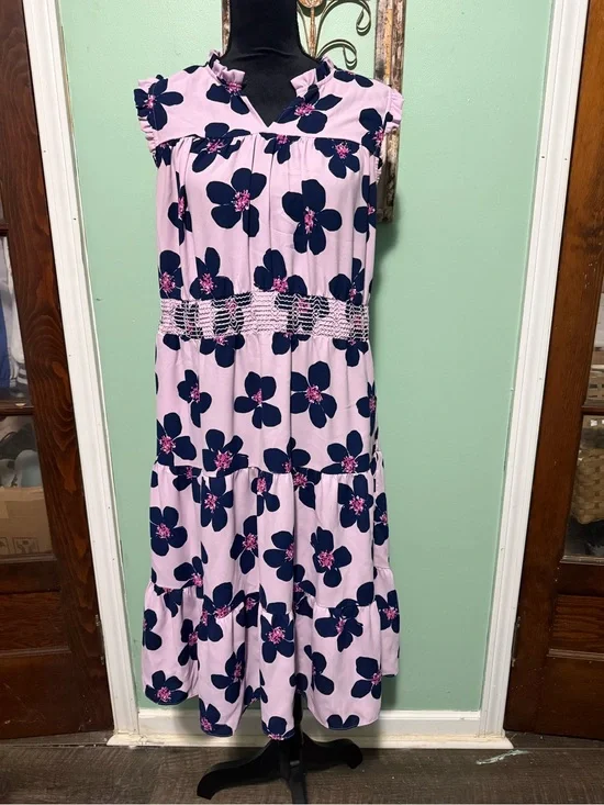 Kate spade pink navy floral smocked dress large