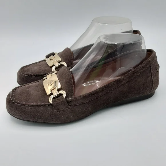 Kate Spade Brown Suede Loafers with Gold Tone Hardware.