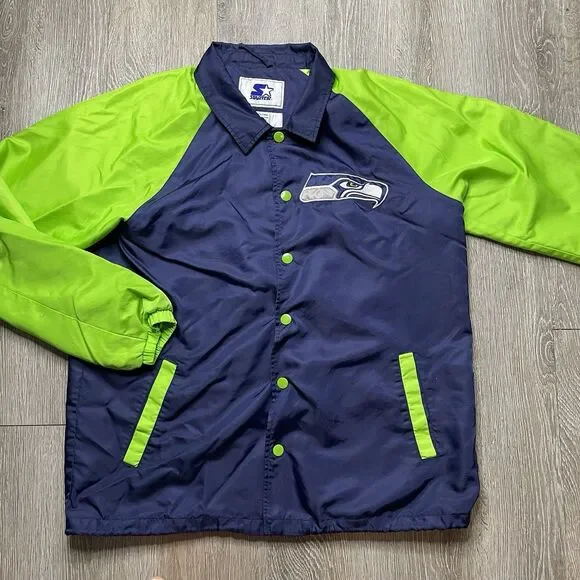 Seattle Seahawks Starter Jacket Satin Color Rush Bomber Lined Button Up Vtg L