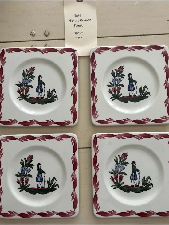 GIEN - Set Of 4 French Quimper Cocktail and Cheese Plates  5 1/2”- Never Ussd