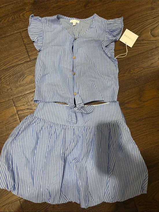 btween Blue and White Striped Girls Two-Piece Matching Set runs smaller
